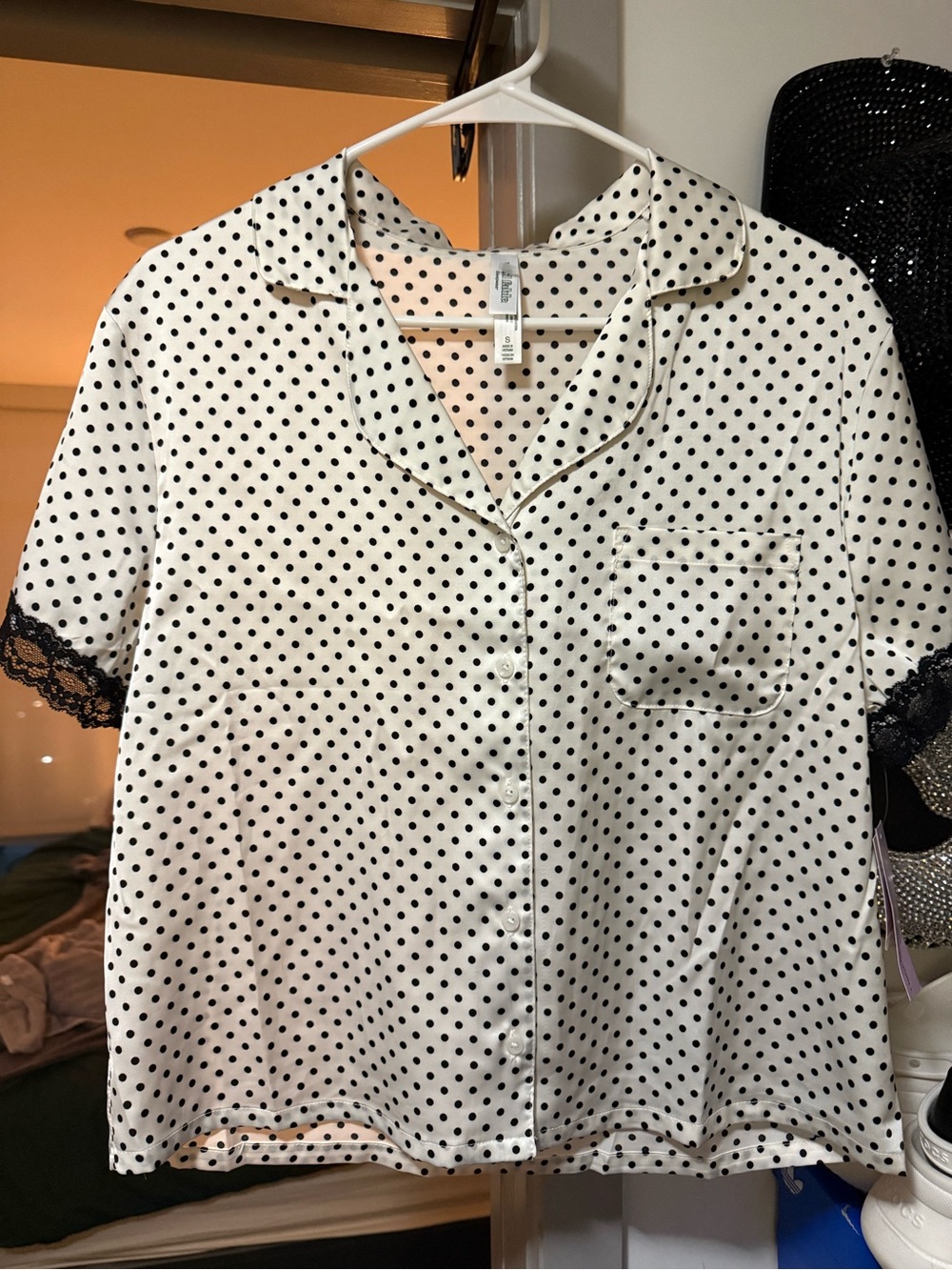 Wild Fable White Polka Dot Satin Button-Front Top with Black Lace Trim